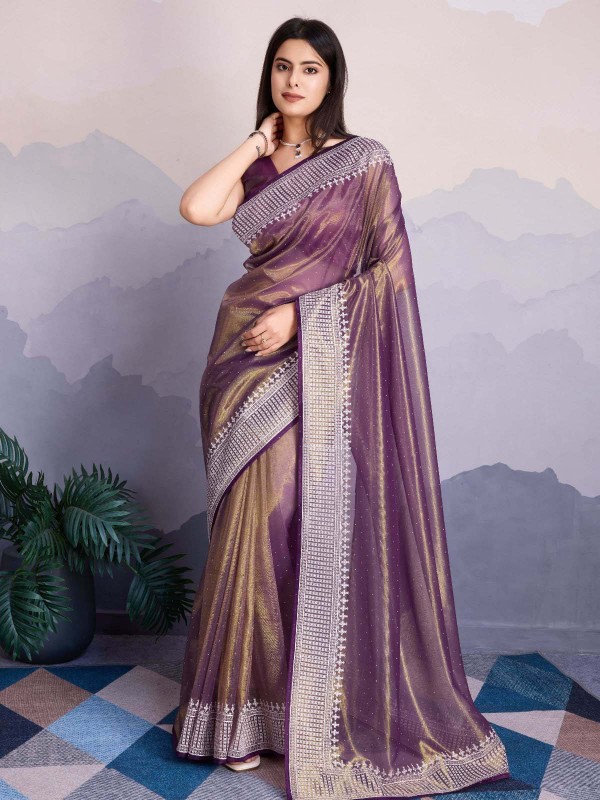 Light Plum Gold Infused Twill Net Saree